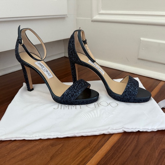 NWOT Jimmy Choo Misty 100 Glitter & Leather Sandal Sz 37.5(US sz 7.5)